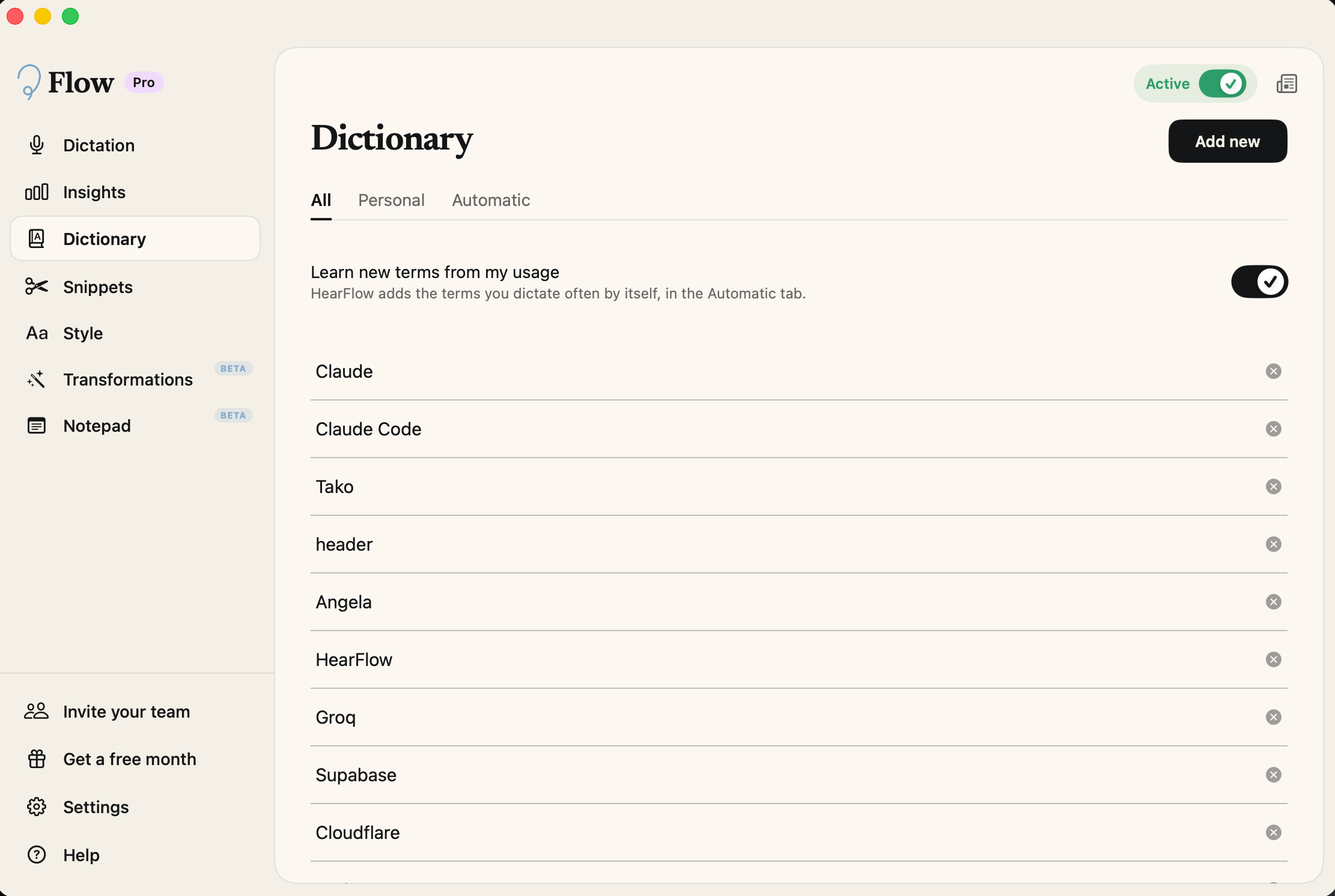 HearFlow dictionary with the terms added by the agent